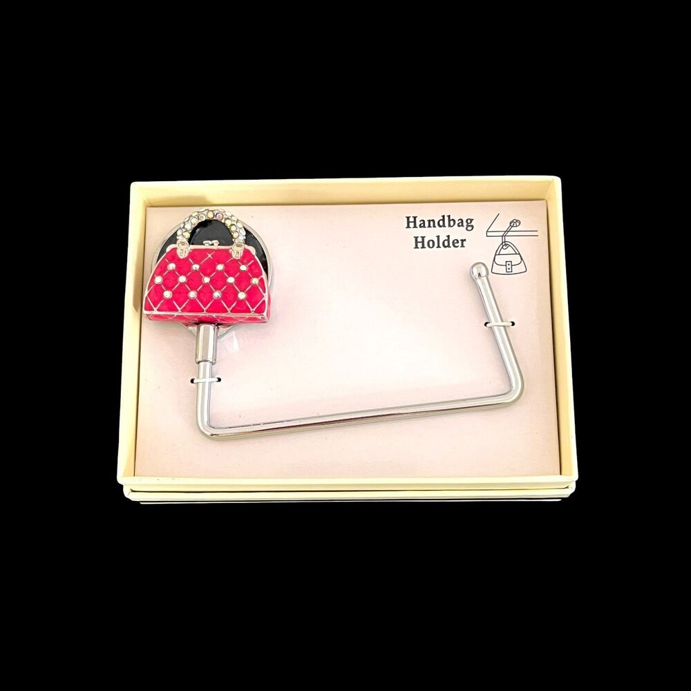 Pink Enamel Purse Handbag Holder Pink Enamel Crystals New In Box